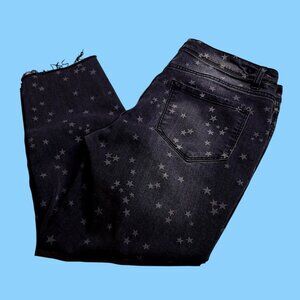 Kensie Womens Crop Slim Jeans 10 Mid Rise Faded Black Stars Distressed Hem